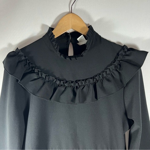 Black Ruffle Mock Neck Long Sleeve Mini Dress - Picture 4 of 15